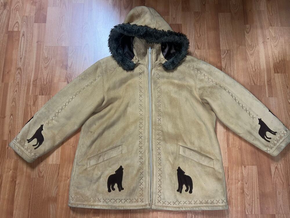 Vintage Coldwater Creek Parka Coat Tan Suede Wolf Nature Faux Fur Hood Hooded XL